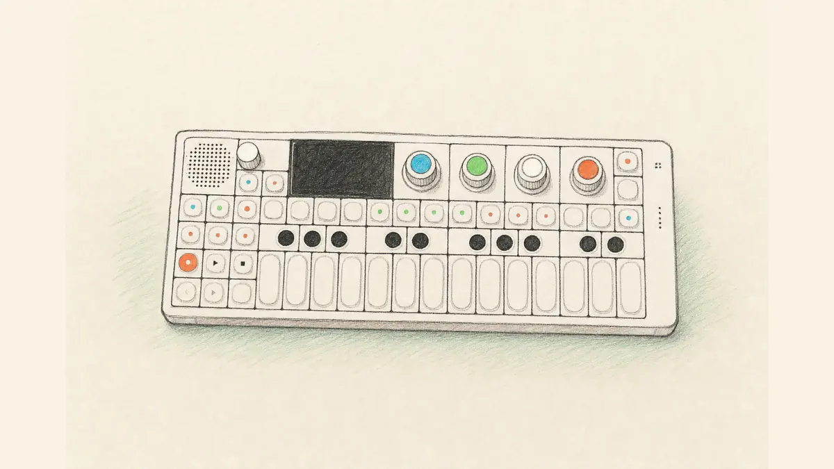 薄い横長のシンセのイラスト。小さな画面と色つきのつまみ、ボタン鍵盤