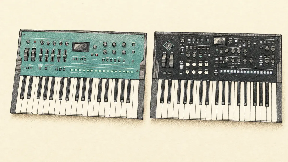 KORG opsix mk IIとwavestate mk IIのイラスト（実機を参考に作成）。37鍵の同じ形の2台、上部パネルの配色が緑と黒