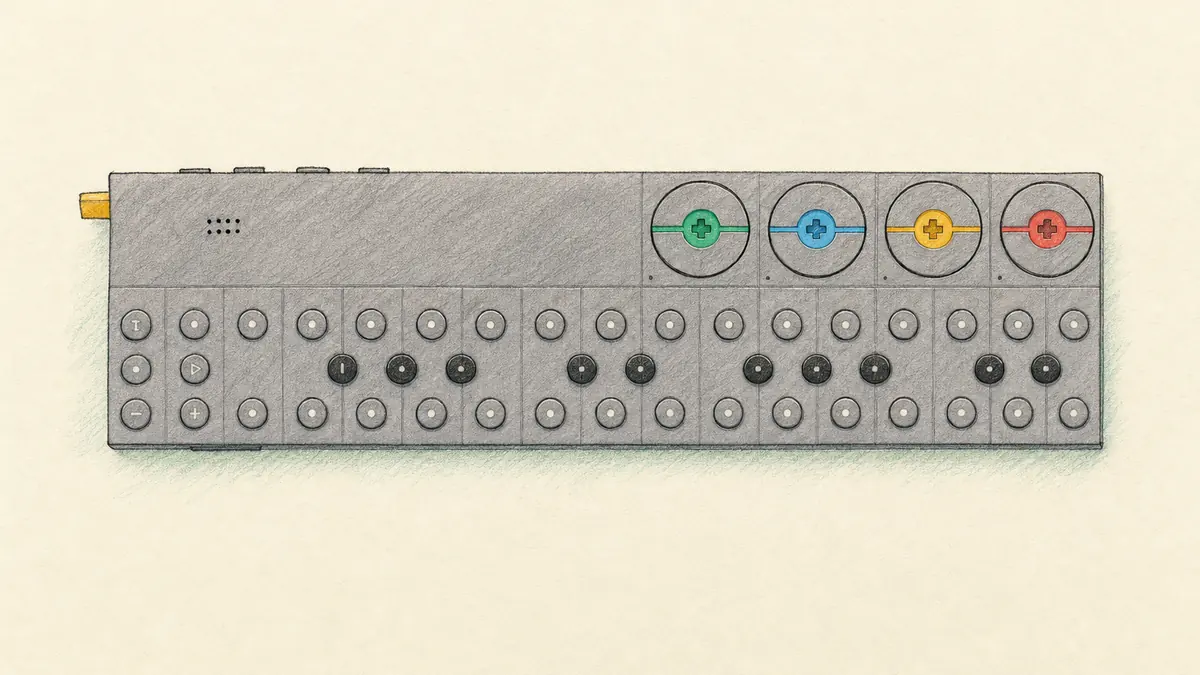teenage engineering OP-Zのイラスト（実機を参考に作成）。グレーの細長い薄い筐体、右上に緑・青・黄・赤の4つのエンコーダー、下段に鍵盤を兼ねる丸いボタンの列