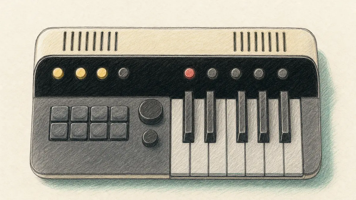 Telepathic Instruments Orchidのイラスト(実機を参考に作成)。ベージュの上部パネルと黒い帯、黄色と赤の丸ボタン、2×4の黒ボタンと2つのノブ、右下に短い鍵盤