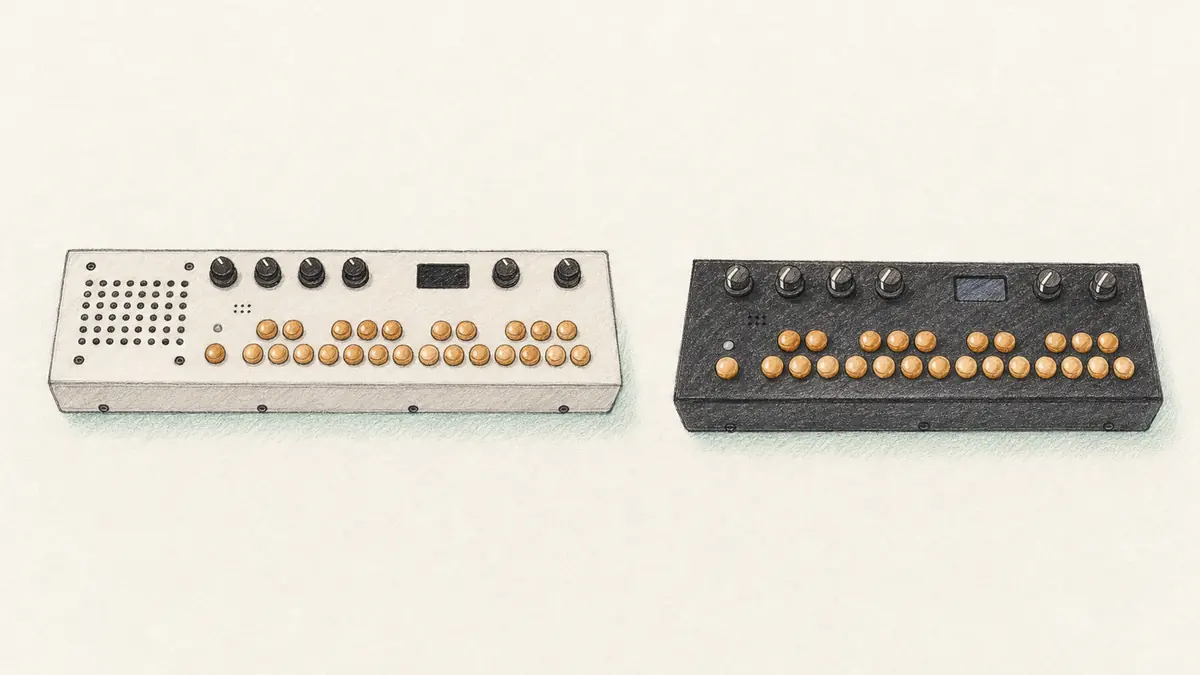 Critter & Guitari Organelle MとS2のイラスト（実機を参考に作成）。木製の丸い鍵盤25個が並ぶ横長の2台、グレーのMは左にスピーカーの穴、黒のS2は短くスピーカーなし。上部に黒いノブ4個と小さな画面