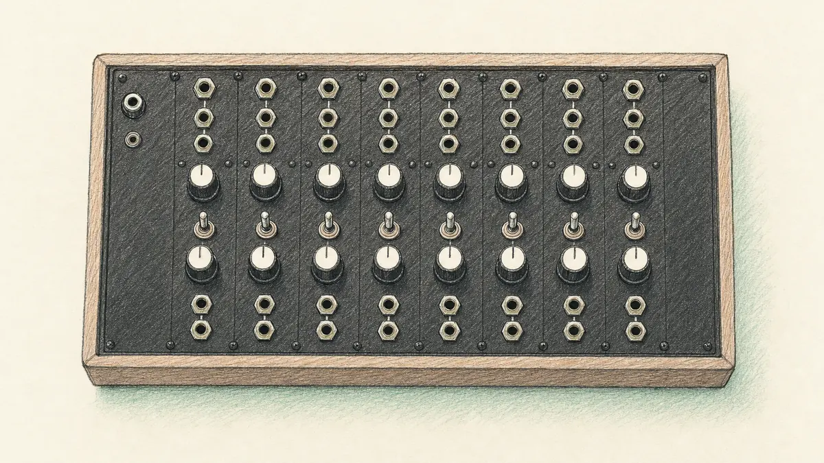 SOMA ORNAMENT-8のイラスト(実機を参考に作成)。木枠に囲まれた横長の金属パネル、8つのセルが横一列に並び、各セルにノブとスイッチと端子、上部にパッチポイントの列