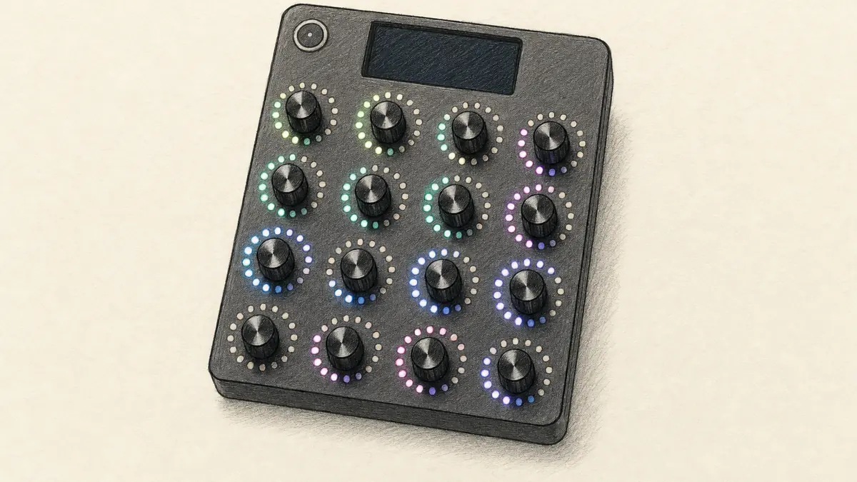 OXI Instruments E16のイラスト(実機を参考に作成)。横長のアルミ削り出しの薄い箱、上面に4×4のロータリーノブが並びそれぞれの周囲にLEDのリング、上部に細長いOLED画面