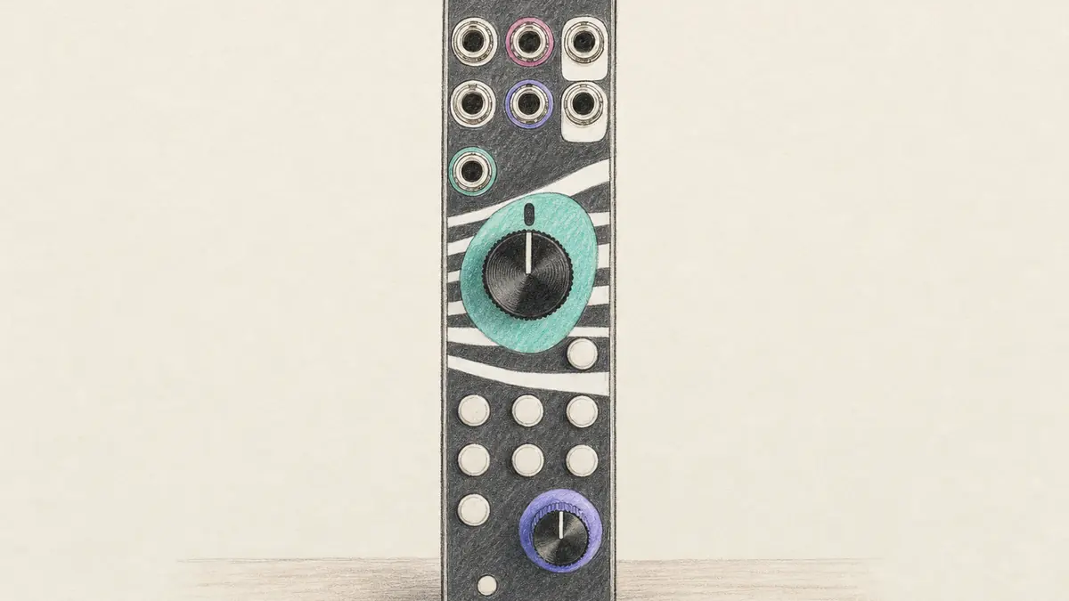 OXI Instruments Metaのイラスト(実機を参考に作成)。細長いユーロラック・モジュール、上部に小さな画面、大きめの丸ノブ1個と小さなノブ数個、下部に3.5mm端子
