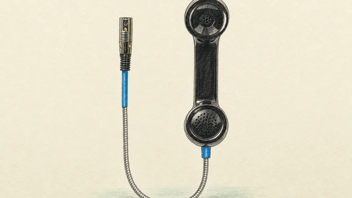 Trash Talk Audio Payphone Micのイラスト(実機を参考に作成)。黒い公衆電話の受話器を縦に置き、下から金属の蛇腹ケーブルが伸び、先端にXLRコネクター
