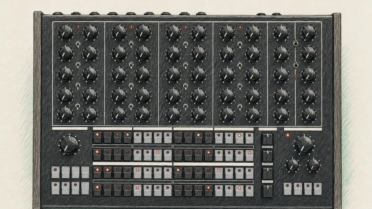 Erica Synths Perkons HD-01のイラスト（実機を参考に作成）。横長の黒いパネル、上半分に6列の黒いノブ、下半分にグレーのボタン列とノブ、両側に木目のサイドパネル