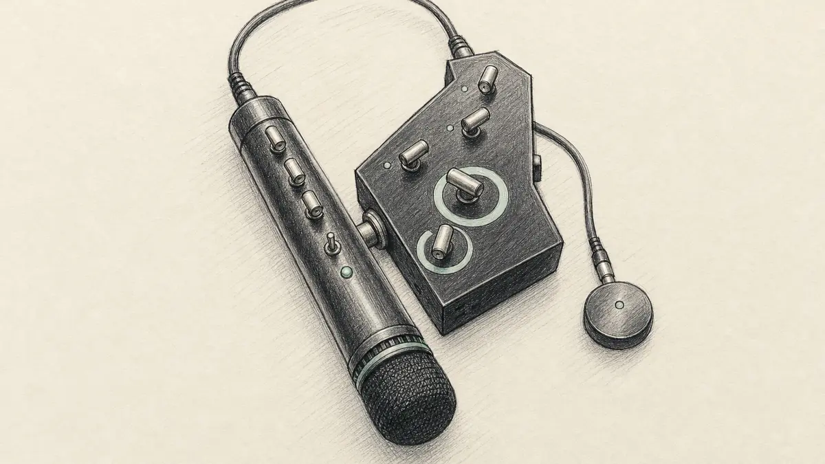 SOMA THE PIPEのイラスト（実機を参考に作成）。細長い金属のハンドヘルド筐体、側面に丸ノブとスイッチの列、上端からケーブルが伸び、別体のブレイクアウトボックスとコンタクトマイク