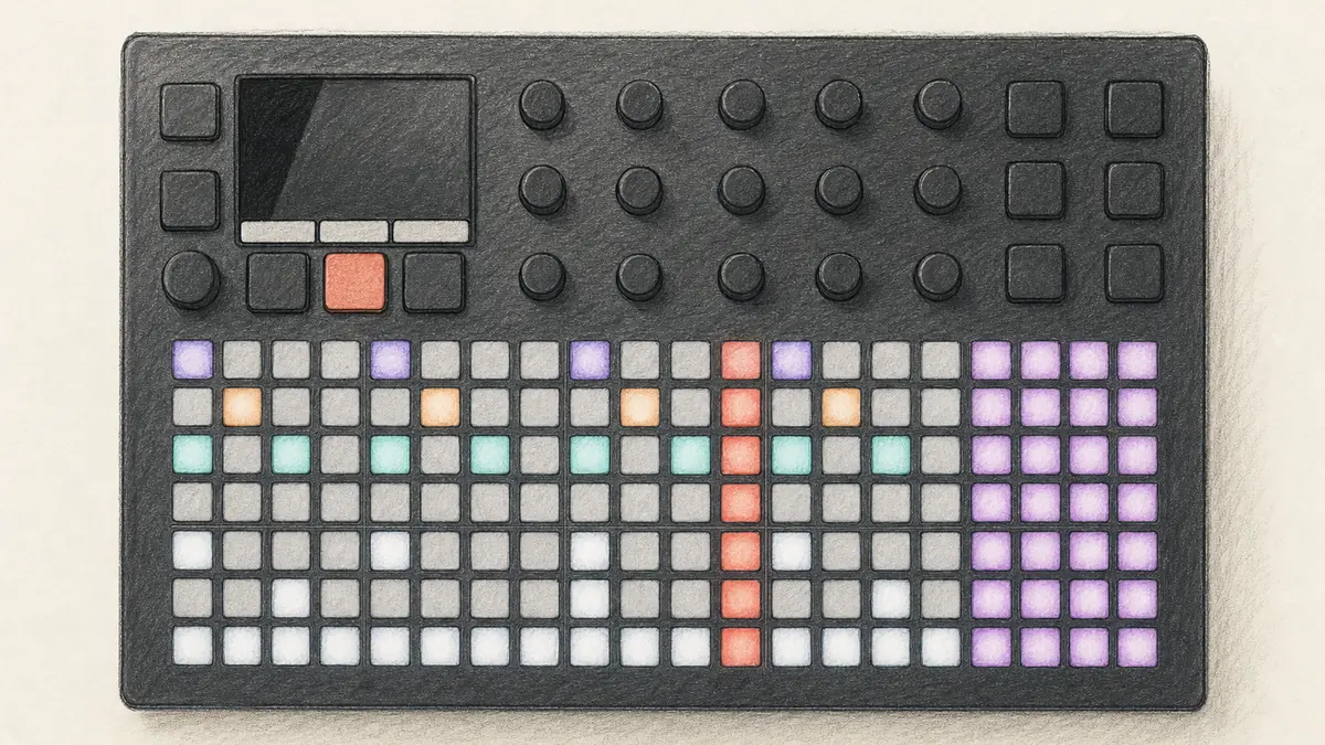 Polyend Play+のイラスト(実機を参考に作成)。黒い横長の筐体、左上に小さな画面、上段に15個のノブ、下部に8×20の光る格子状のパッド