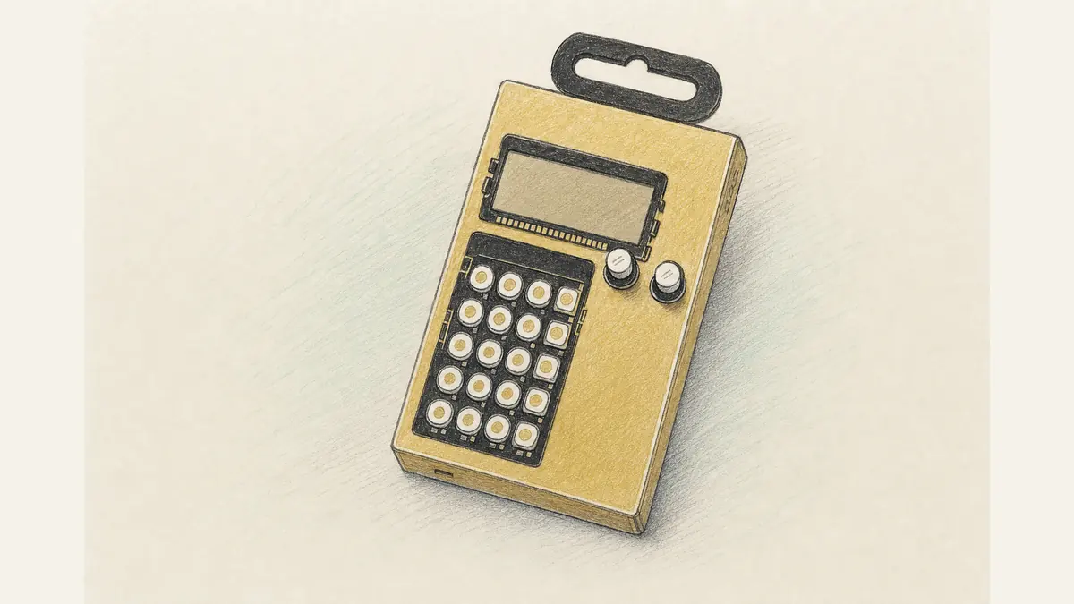 金属フレームの小さなドラムシンセのイラスト。液晶とボタンが並ぶ