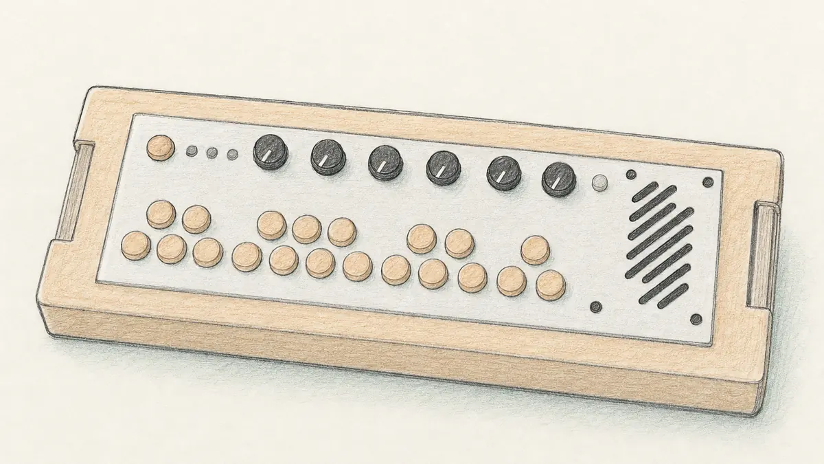 Critter & Guitari 201 Pocket Pianoのイラスト（実機を参考に作成）。手のひらサイズの横長の箱。天面は銀色の金属パネルで、奥に黒い小さなノブが6個並び、手前に白い小さな鍵盤が横一列、右端に斜めのスリットのスピーカー