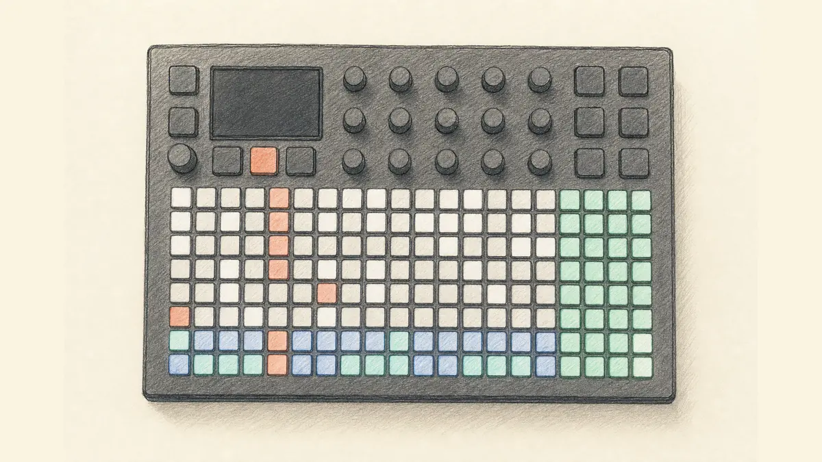 横長のグルーヴボックスのイラスト。8×8の格子状パッド
