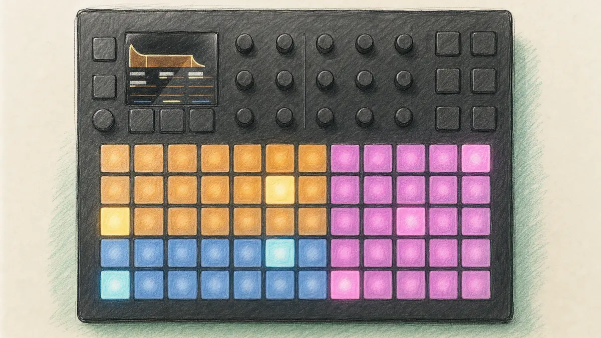 Polyend Synthのイラスト(実機を参考に作成)。黒い横長の筐体、上部にノブ群と小さな画面、下3分の2にオレンジ・青・ピンクに光る12×5のパッド