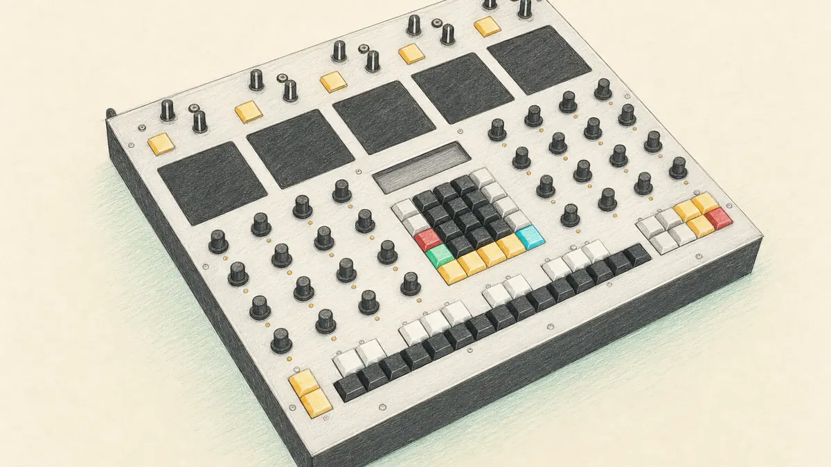 Lambda Synthetics PolyPulseのイラスト(実機の画像を参考に作成)。銀色の金属パネル、上部に黒いタッチパッド5面と黒いノブ列、下半分に色付きの電卓風キースイッチが多数