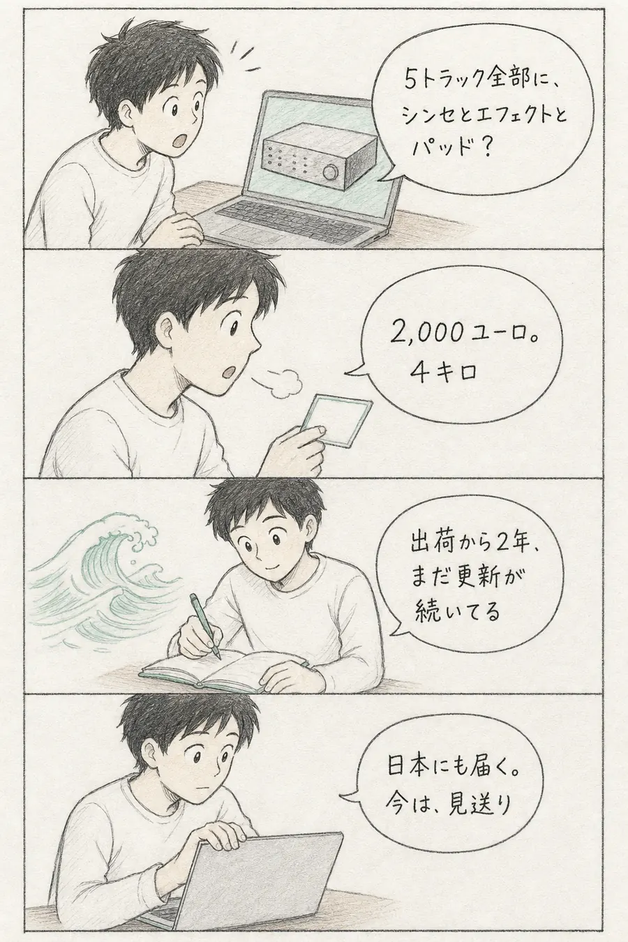 4コマ漫画: 5トラックそれぞれにシンセとエフェクトとタッチパッドを積んだ大きな箱を知った初心者が、値段の2,000ユーロに驚きつつ、日本にも届くと聞いてノートを閉じる