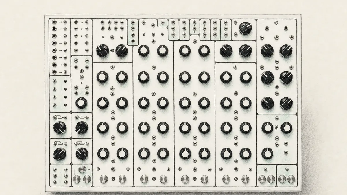 SOMA Laboratory Pulsar-23のイラスト（実機を参考に作成）。白い正方形に近いパネルに黒いノブが格子状に並び、左端に端子列、下部に4系統の録音・再生ボタン