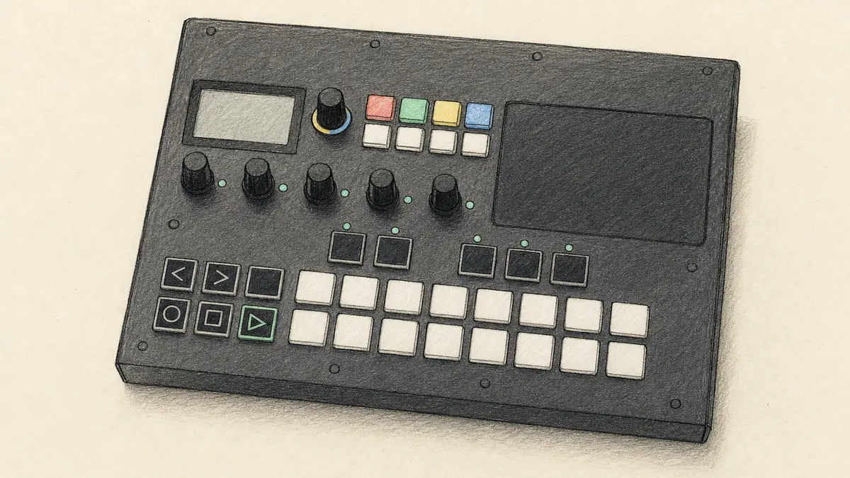 Squarp Pyramid mk3のイラスト（実機を参考に作成）。黒いアルミの筐体、左上に小さな画面と色付きの4ボタン、右上に黒いタッチパッド、中段にノブ5個、下段に白い16パッド2列