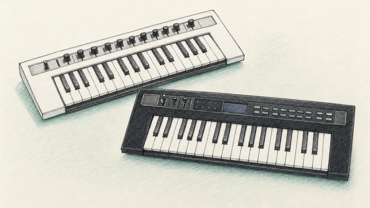 Yamaha reface CSとreface DXのイラスト(実機を参考に作成)。37鍵ミニ鍵盤の2台、白いパネルのCSと黒いパネルに小さな画面のDX