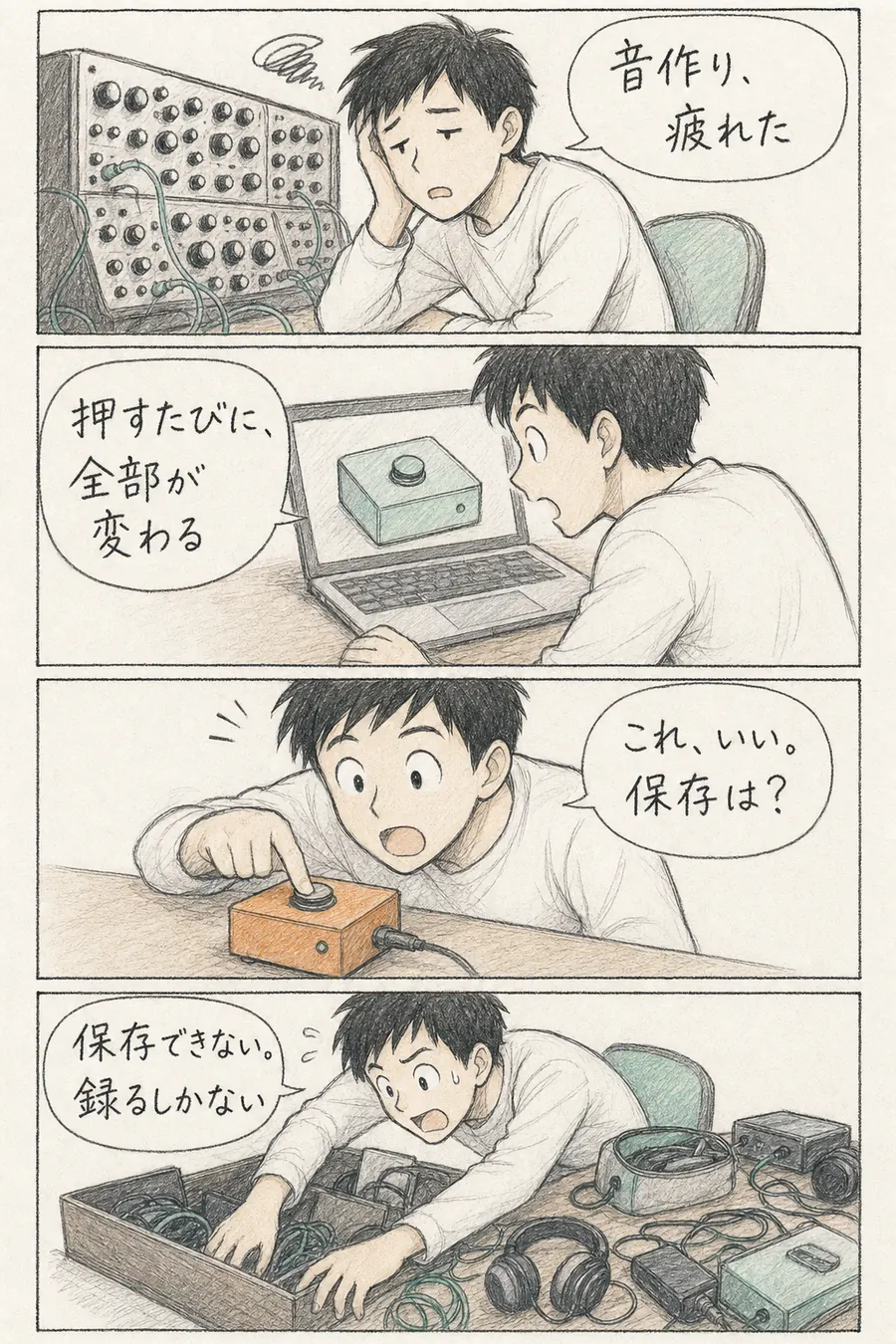 4コマ漫画: 音作りに疲れた初心者が、ボタンを押すたびに全部がランダムに変わる1ボタンのシンセを知り、気に入った音は保存できないと聞いて録音ボタンを探す