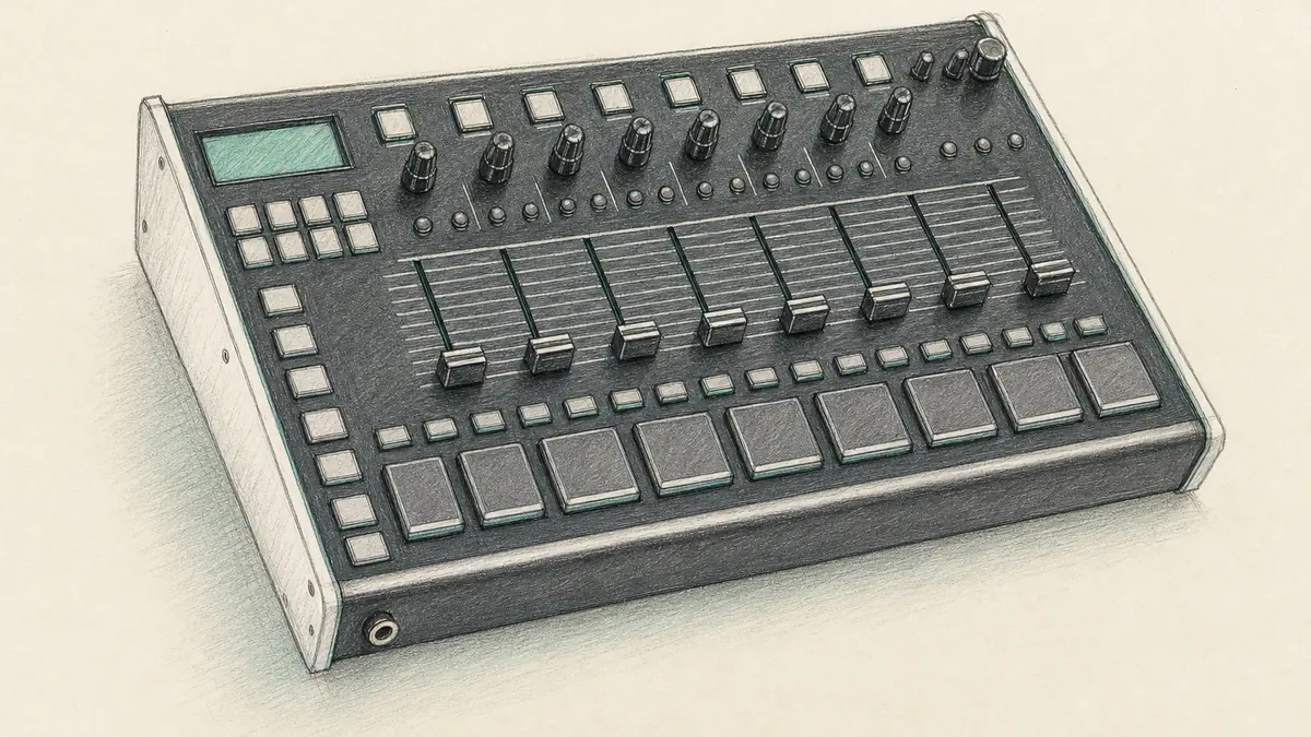 Isla Instruments S2400のイラスト(実機を参考に作成)。横長の大きな筐体、上面に8個の四角いパッドと8本の縦フェーダー、中央に画面、多数のボタンとノブ