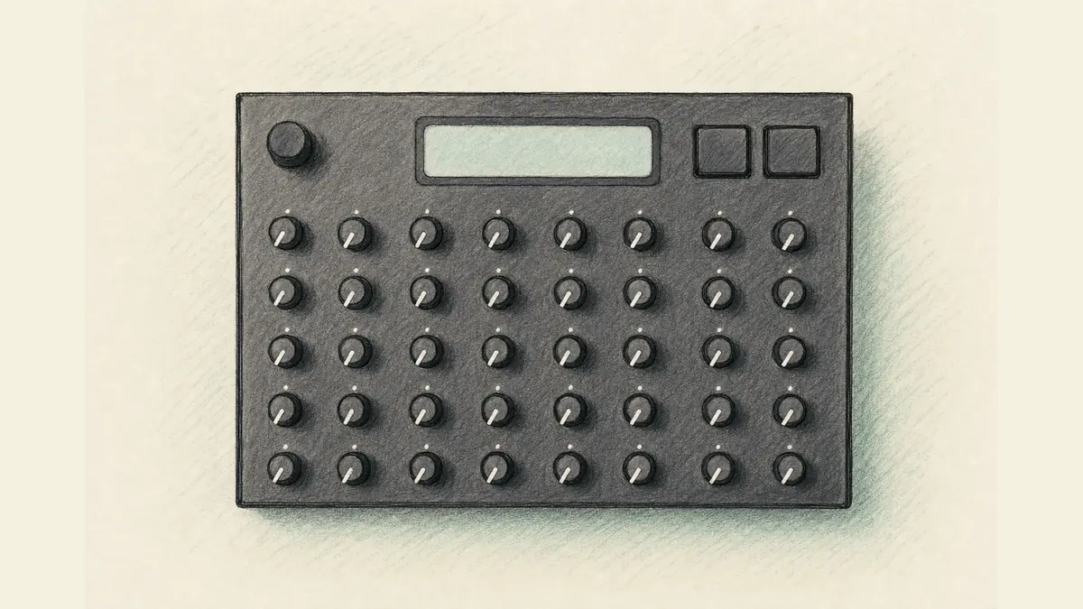 黒い金属筐体に32個のノブが並ぶMIDIプロセッサーのイラスト