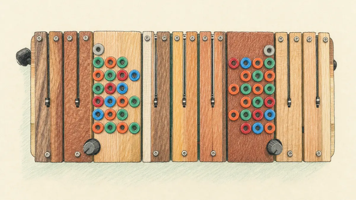 Ciat-Lonbarde Sidrax Organのイラスト（実機を参考に作成）。色の違う木の板を横に並べた平たい楽器で、板に細いスライダーが埋まり、赤・緑・青のカラフルなバナナ端子が2か所に格子状に密集する