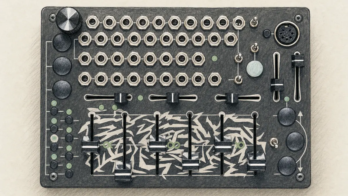 Bastl Instruments Softpop SP2のイラスト（実機を参考に作成）。黒い小さな横長の筐体、上半分に5列のパッチ端子、下半分に白黒のカモフラ柄と6本の縦フェーダー