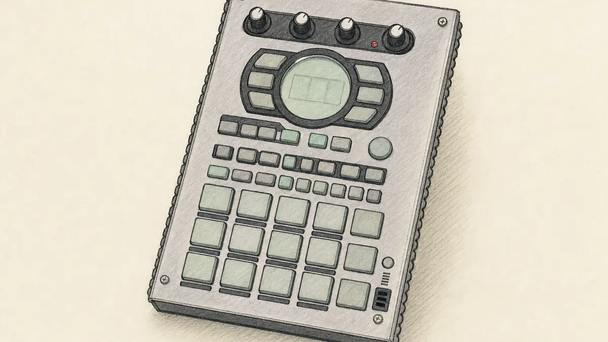 Roland SP-404SXのイラスト(実機を参考に作成)。縦長の白い筐体、上部に丸ノブと小さな画面、中央から下に4×3の四角いパッドが並び、側面にSDカードスロット