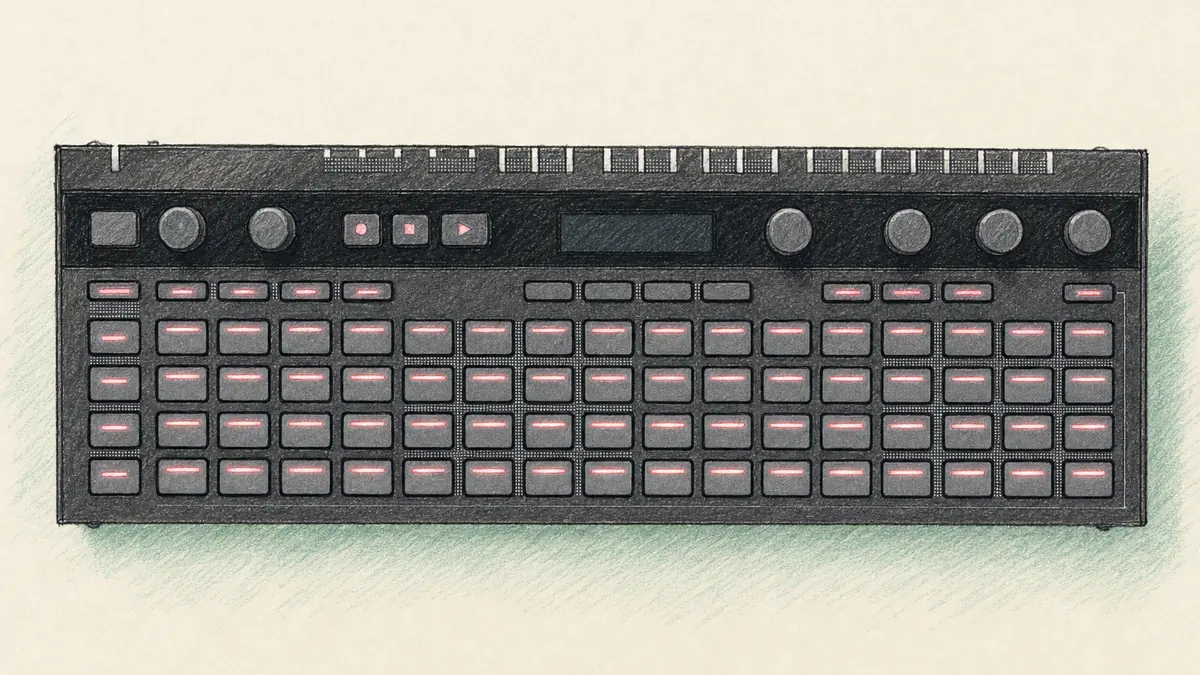 KORG SQ-64のイラスト(実機を参考に作成)。黒い横長の薄い筐体、上部にディスプレイとノブ、下部に8×8の四角いパッド