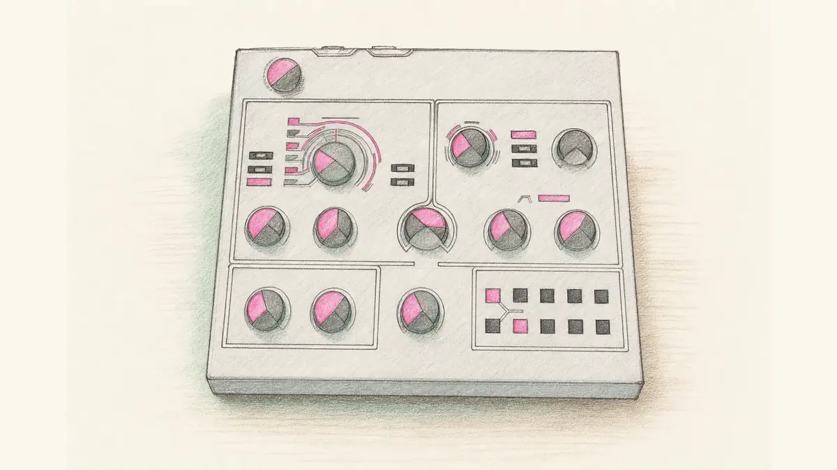白っぽい正方形に近い平たいデスクトップ音源のイラスト。上面に丸ノブが並ぶ