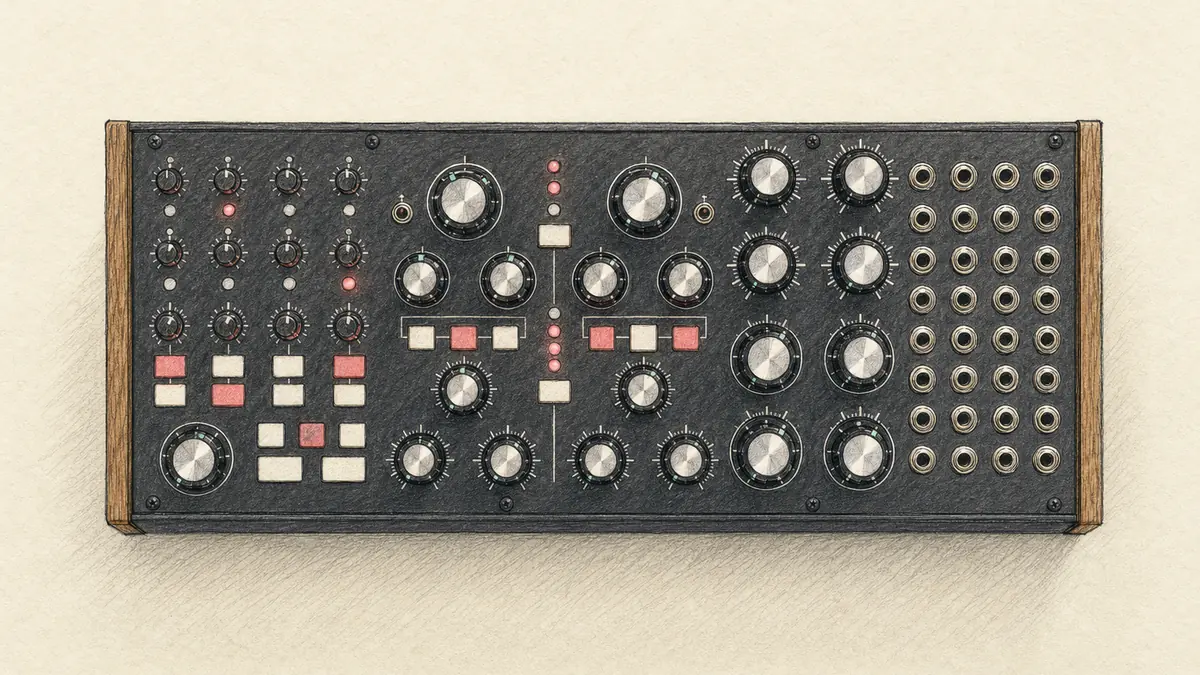 Moog Subharmoniconのイラスト(実機を参考に作成)。木のサイドパネルの黒い横長筐体、左にシーケンサーのノブ列、中央にVCOの大きなノブ、右にフィルターの銀色ノブと4列のパッチベイ