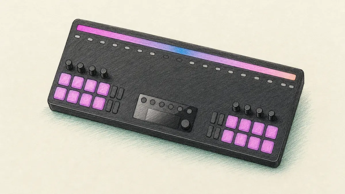 Audima Labs Swayのイラスト（実機を参考に作成）。黒い横長のスラブ状の筐体、上部にグラデーションに光るLEDバーと16個の小さなセンサー窓、左右に4×2の光るパッドとノブ、中央に小さな画面