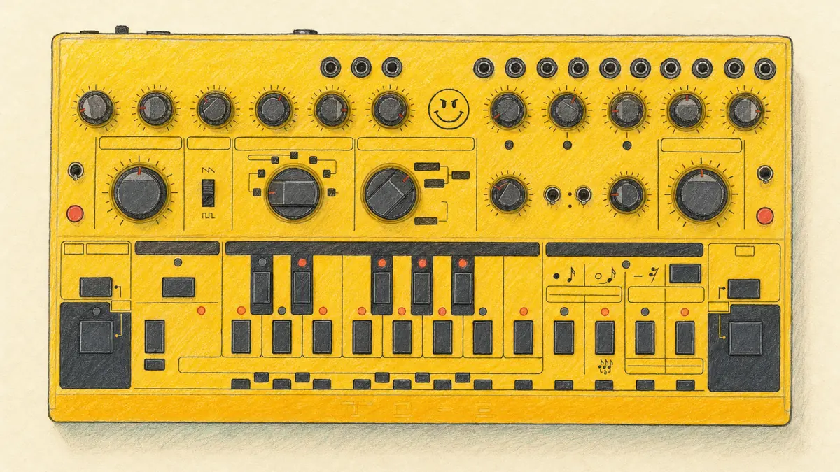 Behringer TD-3-MOのイラスト（実機を参考に作成）。鮮やかな黄色（アンバー）の筐体、上段に黒いノブ列と追加のノブ、上端にパッチ端子列、中央に大きなロータリーと赤いボタン、下段に鍵盤配置の黒いステップボタン