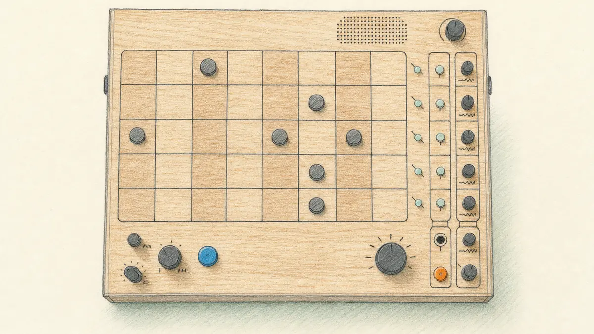 Musical Beings Temboのイラスト(実機の画像を参考に作成)。明るい木目の板に8×5の格子、右に縦一列のノブとLED、下部にノブと青いボタン、上部にスピーカーの穴