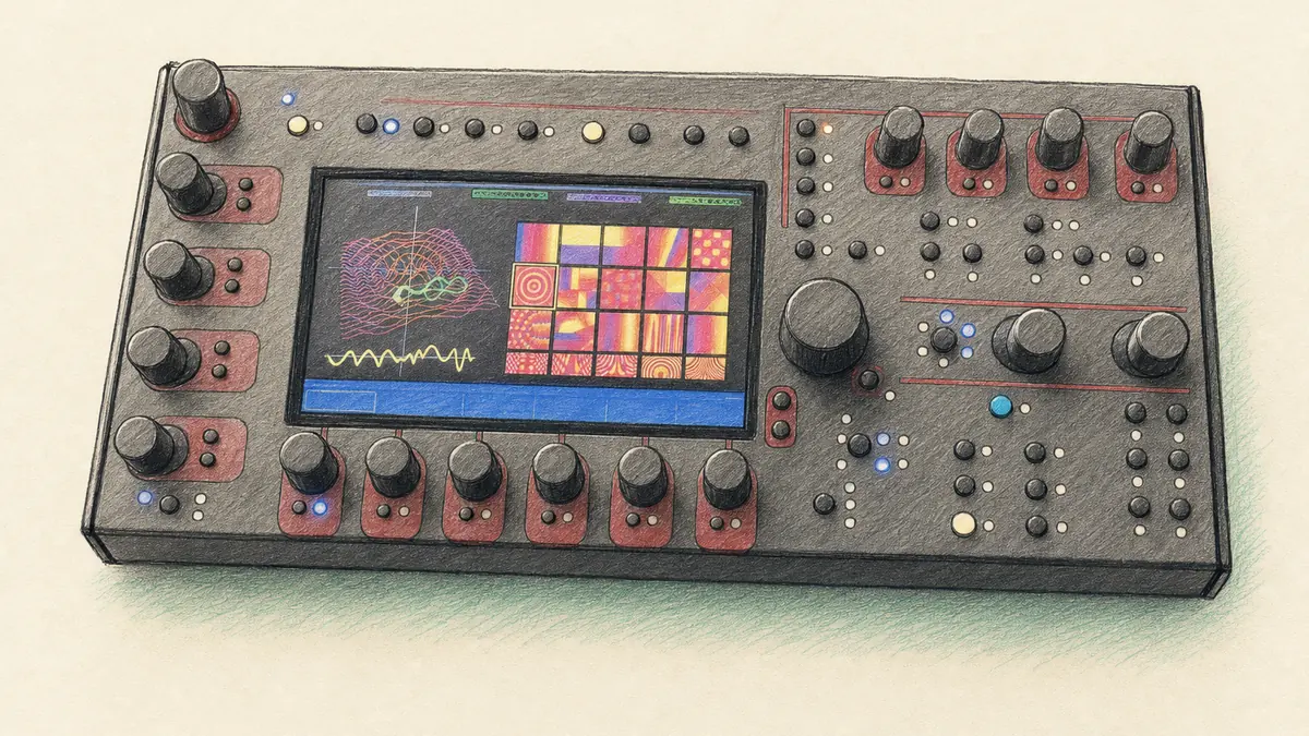 Conductive Labs Terrain Synthのイラスト（実機を参考に作成）。横長の箱、上面に丸ノブが多数と押しボタンの列、中央に横長のカラー画面、背面に端子