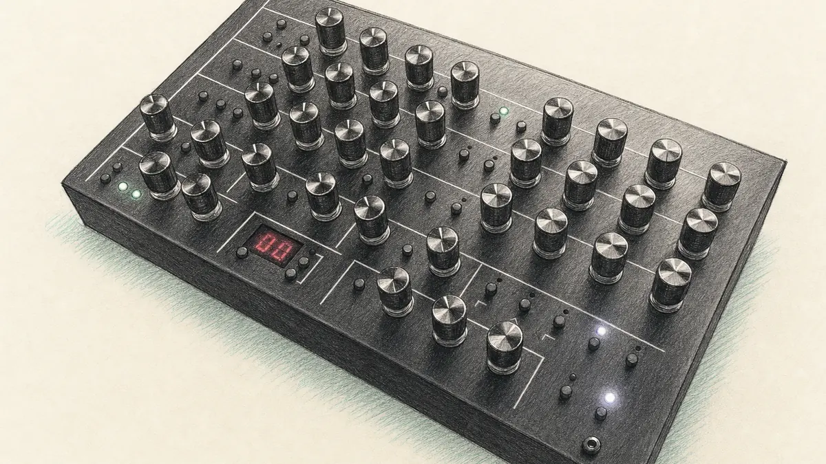 Twisted Electrons TherapSID MKIIIのイラスト（実機を参考に作成）。黒い横長の卓上シンセ、多数の黒いノブとボタン、赤い2桁の数字表示、小さなLED