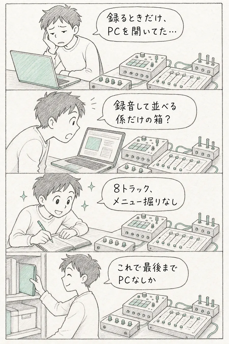 4コマ漫画: 録音のときだけPCを開いていた人が、録音して並べる係だけの箱があると知り、「これで最後までPCなしか」と喜ぶ