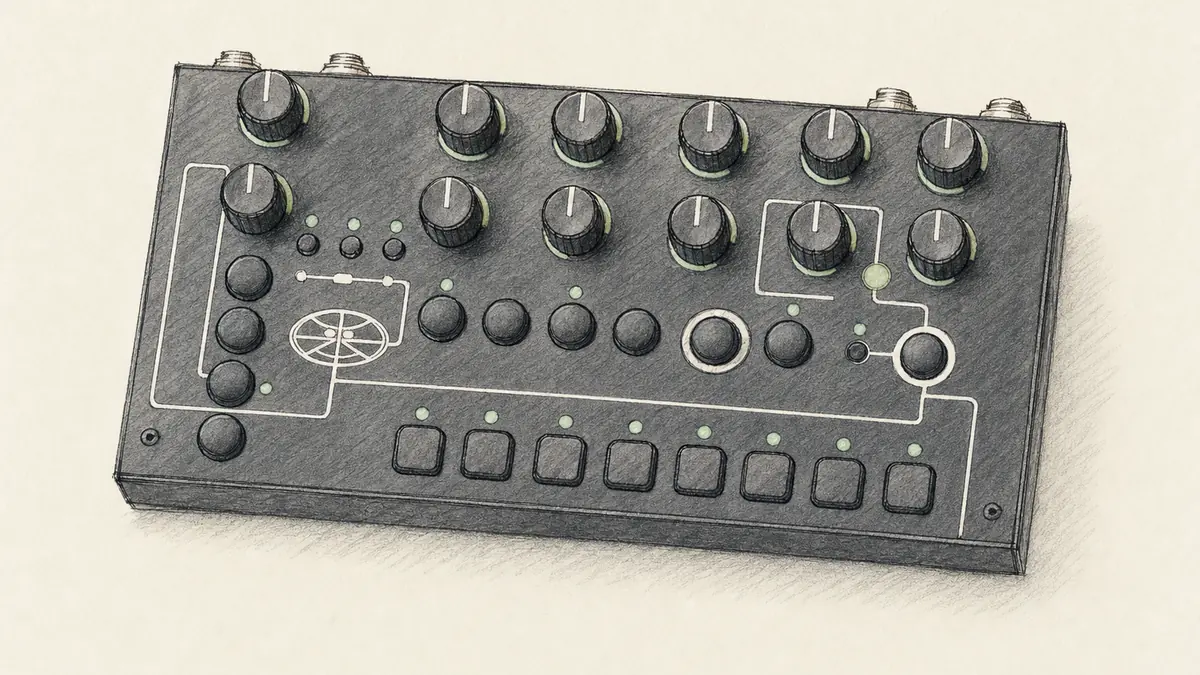 Bastl THYME+のイラスト(実機を参考に作成)。横長の金属筐体、上面に大きな丸ノブが並び、下段に8つの四角いボタンとLED、側面に端子の列