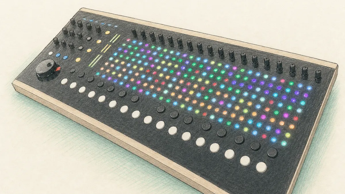 The MONK Project TMA Deviceのイラスト(実機の画像を参考に作成)。黒いパネルに色とりどりのLEDの格子、左に白い丸ボタンの列、上部に黒いノブ