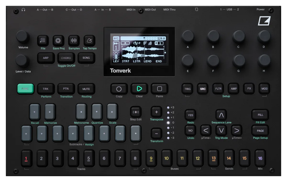 Elektron Tonverkの上面。左に8つのノブとボタン群、中央にディスプレイ、下に16のトラックボタンが並ぶ