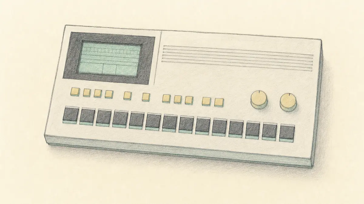 Roland TR-505のイラスト(実機を参考に作成)。横長の薄い灰色の筐体、上部に液晶表示と小さなボタン、下部に16個の四角いステップボタンが横一列