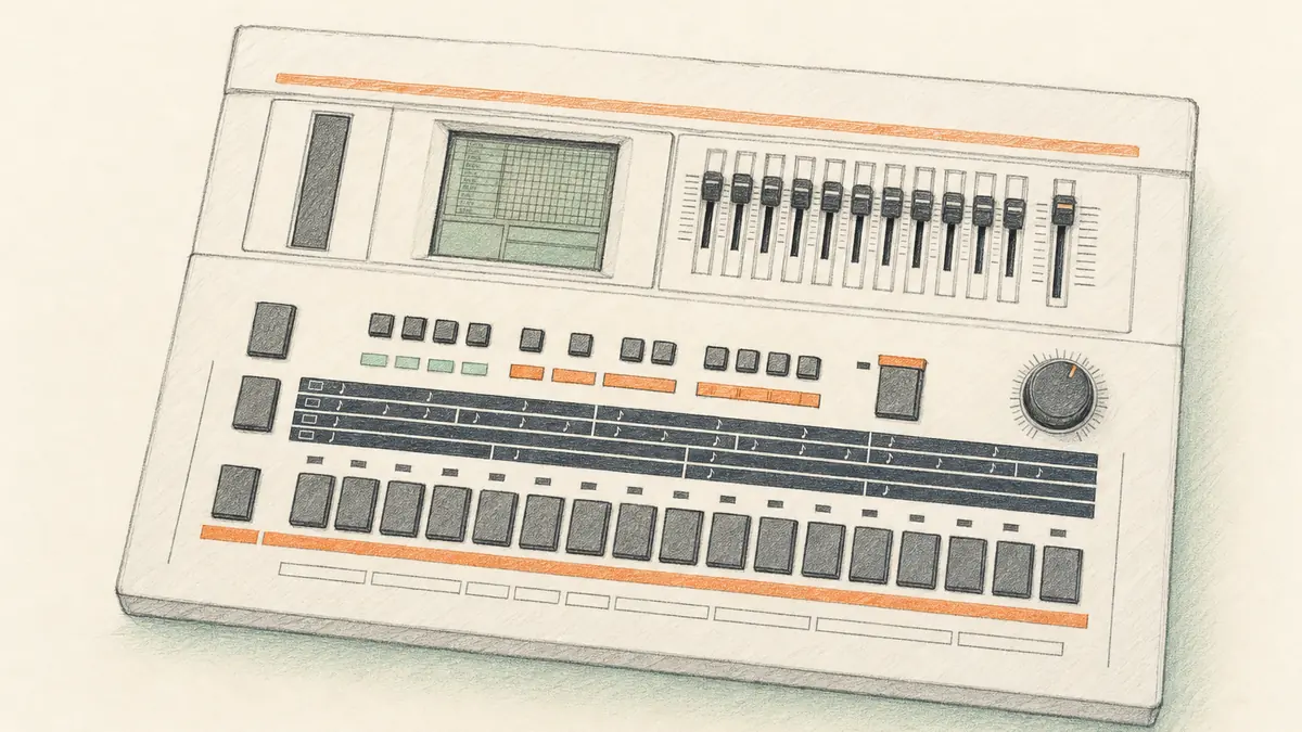 Roland TR-707のイラスト(実機を参考に作成)。横長の薄い灰色の筐体、上部にオレンジ色の帯と液晶表示、下部に16個の細長いステップボタンが横一列