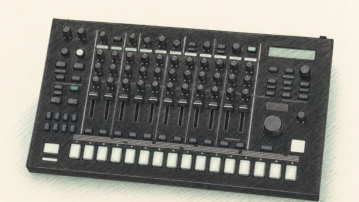 Roland TR-8Sのイラスト(実機を参考に作成)。横長の黒い筐体、上部に丸ノブが多数と小さな画面、下部に16個の細長い光るステップボタンが横一列