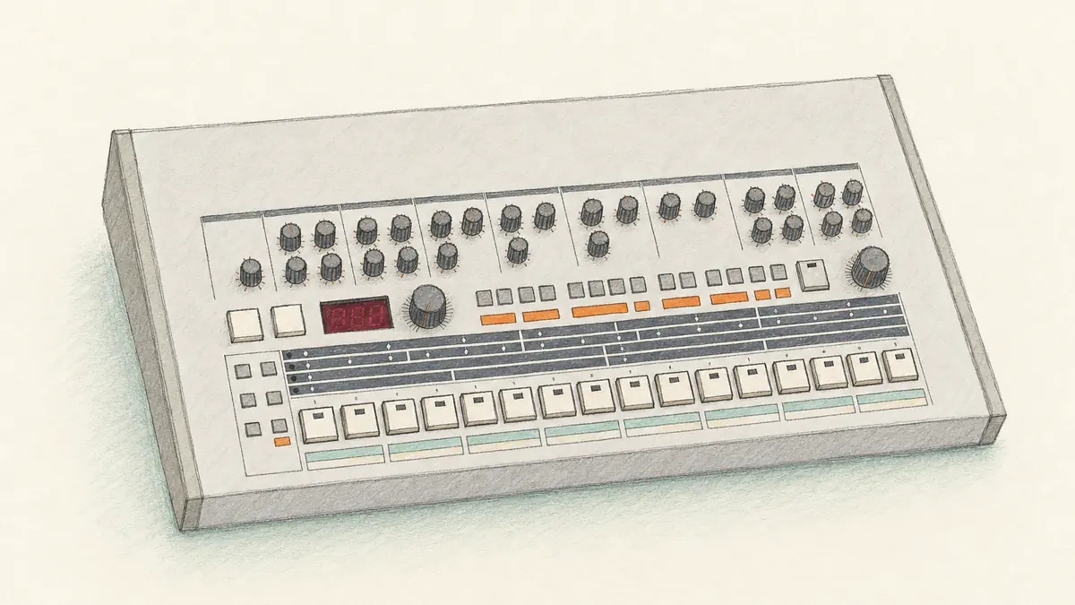 Roland TR-909のイラスト（実機を参考に作成）。横長の灰色の筐体、上部に多数の丸ノブとスライダー、中央に赤い数字表示、下部に16個の色分けされたステップボタンが横一列