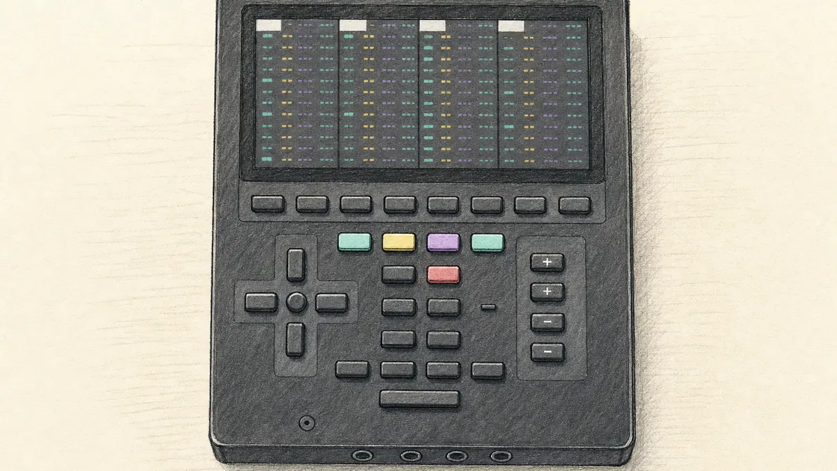 Polyend Tracker Miniのイラスト(実機を参考に作成)。黒い縦長の薄い筐体、上半分に画面、下半分に十字キーとボタン群
