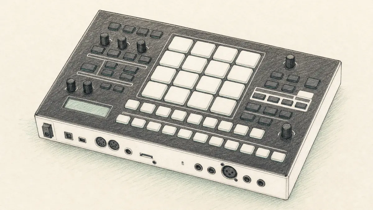 Roland Verselab MV-1のイラスト（実機を参考に作成）。横長の白い筐体、左に丸ノブと小さな画面、右に4×4の白いパッド、下部に細長いステップボタンの列