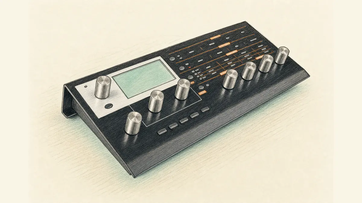 小さな金属の音源モジュールのイラスト。液晶とつまみが7つ