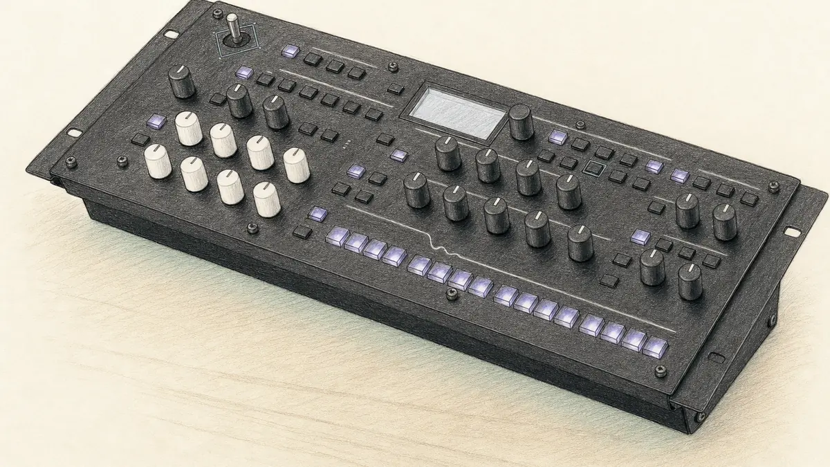 KORG wavestate moduleのイラスト(実機を参考に作成)。黒い横長のラック型モジュール、左上にジョイスティック、白と黒のノブ列、中央に小さな画面、下段に16個のボタン