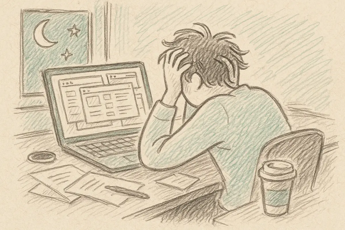イラスト: 画面いっぱいのウィンドウを前に頭を抱える人