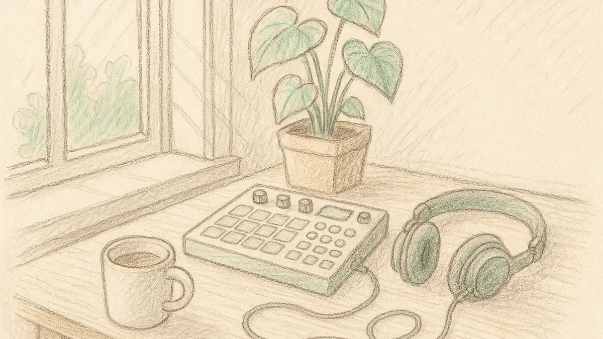 手描きスケッチ風イラスト: 週末の朝の机に置かれた音楽機材