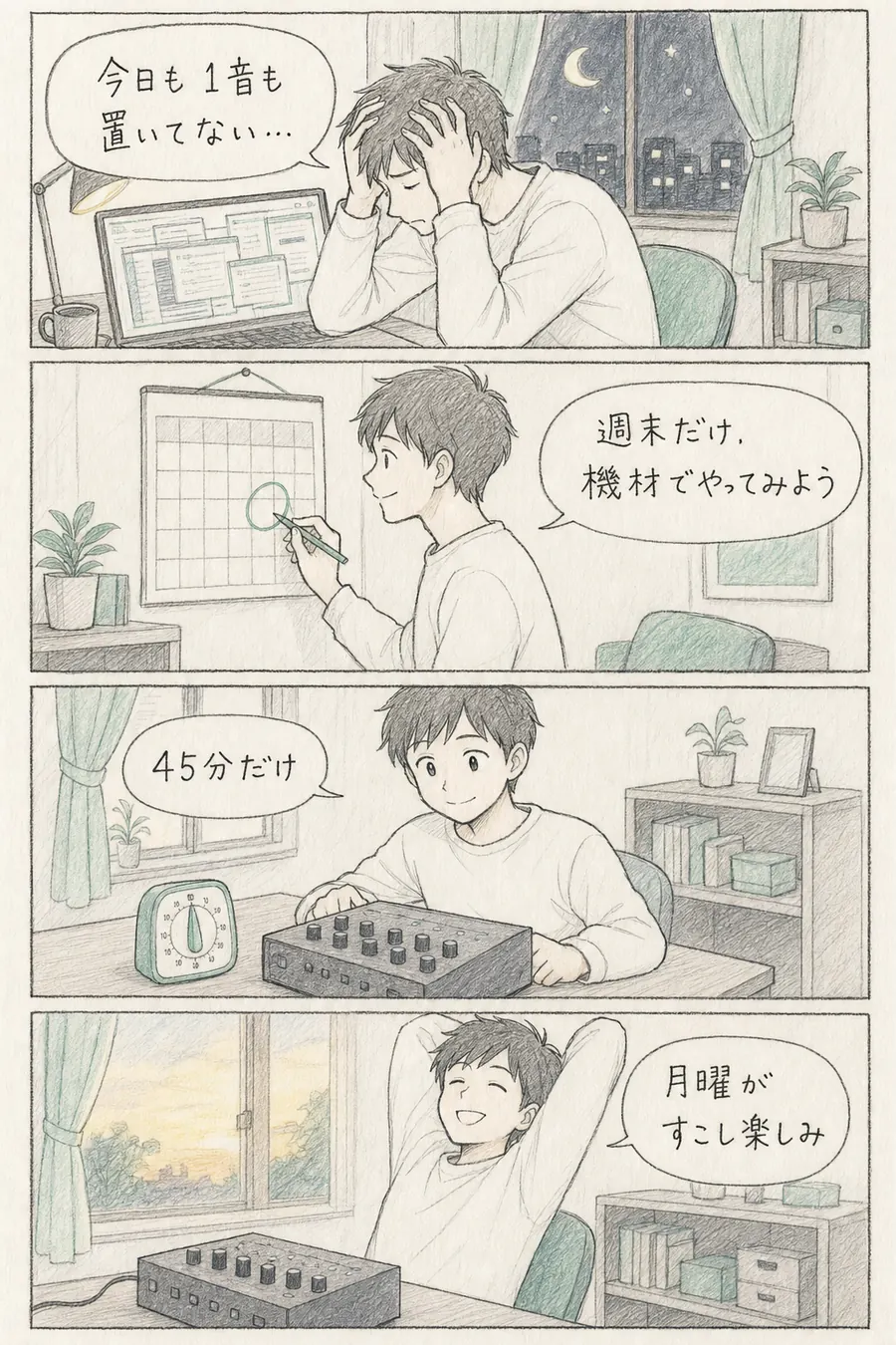 4コマ漫画: 平日の夜にDTMで消耗した人が、週末だけ機材で作ると決め、45分の枠で作業して「月曜がすこし楽しみ」と笑う